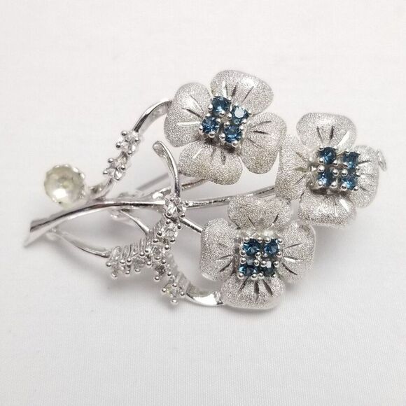 Vintage Sterling Silver Blue Rhinestone Flower Brooch, Estate Lapel Pin - Picture 6 of 7